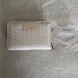 GUESS Cream Monogram Zip Wallet with Gold Logo